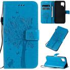 For Huawei P40 Lite / nova 6 SE Tree & Cat Pattern Pressed Printing Horizontal Flip PU Leather Case with Holder & Card Slots & Wallet & Lanyard(Blue) - 1