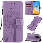 For Huawei P40 Pro Tree & Cat Pattern Pressed Printing Horizontal Flip PU Leather Case with Holder & Card Slots & Wallet & Lanyard(Light Purple) - 1