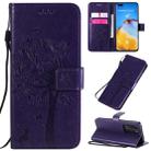 For Huawei P40 Pro Tree & Cat Pattern Pressed Printing Horizontal Flip PU Leather Case with Holder & Card Slots & Wallet & Lanyard(Purple) - 1