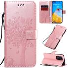 For Huawei P40 Pro Tree & Cat Pattern Pressed Printing Horizontal Flip PU Leather Case with Holder & Card Slots & Wallet & Lanyard(Rose Gold) - 1