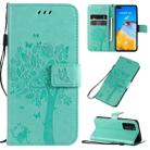 For Huawei P40 Tree & Cat Pattern Pressed Printing Horizontal Flip PU Leather Case with Holder & Card Slots & Wallet & Lanyard(Green) - 1