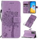 For Huawei P40 Tree & Cat Pattern Pressed Printing Horizontal Flip PU Leather Case with Holder & Card Slots & Wallet & Lanyard(Light Purple) - 1