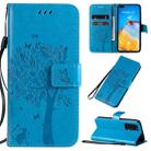 For Huawei P40 Tree & Cat Pattern Pressed Printing Horizontal Flip PU Leather Case with Holder & Card Slots & Wallet & Lanyard(Blue) - 1