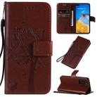 For Huawei P40 Tree & Cat Pattern Pressed Printing Horizontal Flip PU Leather Case with Holder & Card Slots & Wallet & Lanyard(Brown) - 1