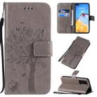 For Huawei P40 Tree & Cat Pattern Pressed Printing Horizontal Flip PU Leather Case with Holder & Card Slots & Wallet & Lanyard(Grey) - 1