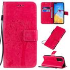 For Huawei P40 Tree & Cat Pattern Pressed Printing Horizontal Flip PU Leather Case with Holder & Card Slots & Wallet & Lanyard(Rose Red) - 1