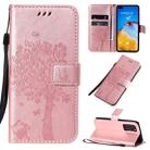 For Huawei P40 Tree & Cat Pattern Pressed Printing Horizontal Flip PU Leather Case with Holder & Card Slots & Wallet & Lanyard(Rose Gold) - 1