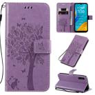 For Huawei Enjoy 10e Tree & Cat Pattern Pressed Printing Horizontal Flip PU Leather Case with Holder & Card Slots & Wallet & Lanyard(Light Purple) - 1