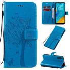 For Huawei Enjoy 10e Tree & Cat Pattern Pressed Printing Horizontal Flip PU Leather Case with Holder & Card Slots & Wallet & Lanyard(Blue) - 1