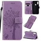 For Motorola Moto E7 Tree & Cat Pattern Pressed Printing Horizontal Flip PU Leather Case with Holder & Card Slots & Wallet & Lanyard(Light Purple) - 1