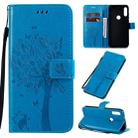 For Motorola Moto E7 Tree & Cat Pattern Pressed Printing Horizontal Flip PU Leather Case with Holder & Card Slots & Wallet & Lanyard(Blue) - 1