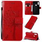 For Motorola Moto E7 Tree & Cat Pattern Pressed Printing Horizontal Flip PU Leather Case with Holder & Card Slots & Wallet & Lanyard(Red) - 1