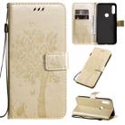 For Motorola Moto E7 Tree & Cat Pattern Pressed Printing Horizontal Flip PU Leather Case with Holder & Card Slots & Wallet & Lanyard(Gold) - 1