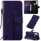 For Motorola Moto G8 Tree & Cat Pattern Pressed Printing Horizontal Flip PU Leather Case with Holder & Card Slots & Wallet & Lanyard(Purple) - 1