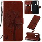 For Motorola Moto G8 Tree & Cat Pattern Pressed Printing Horizontal Flip PU Leather Case with Holder & Card Slots & Wallet & Lanyard(Brown) - 1