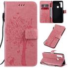 For Motorola Moto G8 Tree & Cat Pattern Pressed Printing Horizontal Flip PU Leather Case with Holder & Card Slots & Wallet & Lanyard(Pink) - 1