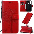 For Motorola Moto G8 Tree & Cat Pattern Pressed Printing Horizontal Flip PU Leather Case with Holder & Card Slots & Wallet & Lanyard(Red) - 1