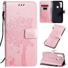 For Motorola Moto G8 Tree & Cat Pattern Pressed Printing Horizontal Flip PU Leather Case with Holder & Card Slots & Wallet & Lanyard(Rose Gold) - 1