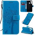 For Galaxy A21 Tree & Cat Pattern Pressed Printing Horizontal Flip PU Leather Case with Holder & Card Slots & Wallet & Lanyard(Blue) - 1