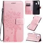 For Galaxy A21 Tree & Cat Pattern Pressed Printing Horizontal Flip PU Leather Case with Holder & Card Slots & Wallet & Lanyard(Rose Gold) - 1