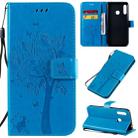 For Galaxy A70e Tree & Cat Pattern Pressed Printing Horizontal Flip PU Leather Case with Holder & Card Slots & Wallet & Lanyard(Blue) - 1