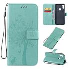 For Galaxy M11 / A11 Tree & Cat Pattern Pressed Printing Horizontal Flip PU Leather Case with Holder & Card Slots & Wallet & Lanyard(Green) - 1