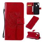 For Galaxy M11 / A11 Tree & Cat Pattern Pressed Printing Horizontal Flip PU Leather Case with Holder & Card Slots & Wallet & Lanyard(Red) - 1