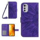 For Motorola Moto E32/E32S Skin Feel Sun Flower Pattern Flip Leather Phone Case with Lanyard(Dark Purple) - 1