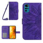For Motorola Moto G22 Skin Feel Sun Flower Pattern Flip Leather Phone Case with Lanyard(Dark Purple) - 1