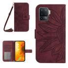 For OPPO A54 4G/A16 4G Skin Feel Sun Flower Pattern Flip Leather Phone Case with Lanyard(Wine Red) - 1