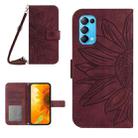 For OPPO Reno5 4G Skin Feel Sun Flower Pattern Flip Leather Phone Case with Lanyard(Wine Red) - 1
