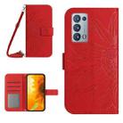 For OPPO Reno6 Pro Global Skin Feel Sun Flower Pattern Flip Leather Phone Case with Lanyard(Red) - 1