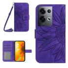 For OPPO Reno8 Pro Global Skin Feel Sun Flower Pattern Flip Leather Phone Case with Lanyard(Dark Purple) - 1