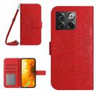 For OnePlus 10T Skin Feel Sun Flower Pattern Flip Leather Phone Case with Lanyard(Red) - 1