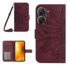 For Asus ZenFone 9 Skin Feel Sun Flower Pattern Flip Leather Phone Case with Lanyard(Wine Red) - 1