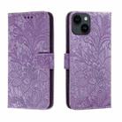 For iPhone 14 / 13 Lace Flower Embossing Flip Leather Phone Case(Purple) - 1