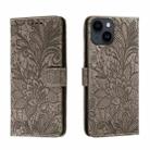 For iPhone 14 Plus Lace Flower Embossing Flip Leather Phone Case(Grey) - 1