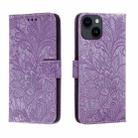 For iPhone 14 Plus Lace Flower Embossing Flip Leather Phone Case(Purple) - 1