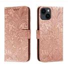 For iPhone 14 Plus Lace Flower Embossing Flip Leather Phone Case(Rose Gold) - 1