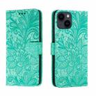 For iPhone 14 Plus Lace Flower Embossing Flip Leather Phone Case(Green) - 1