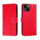 For iPhone 14 Plus Lace Flower Embossing Flip Leather Phone Case(Red) - 1