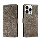 For iPhone 14 Pro Lace Flower Embossing Flip Leather Phone Case(Grey) - 1