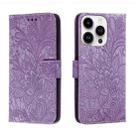 For iPhone 14 Pro Lace Flower Embossing Flip Leather Phone Case(Purple) - 1