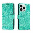 For iPhone 14 Pro Lace Flower Embossing Flip Leather Phone Case(Green) - 1