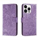 For iPhone 14 Pro Max Lace Flower Embossing Flip Leather Phone Case(Purple) - 1