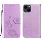 For iPhone 14 / 13 Lace Lotus Embossing Flip Leather Phone Case(Purple) - 1