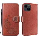 For iPhone 14 / 13 Lace Lotus Embossing Flip Leather Phone Case(Brown) - 1