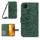 For Xiaomi Redmi 9C / Poco C3 Skin Feel Sun Flower Pattern Flip Leather Phone Case with Lanyard(Green) - 1
