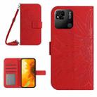 For Xiaomi Redmi 10A Skin Feel Sun Flower Pattern Flip Leather Phone Case with Lanyard(Red) - 1
