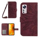 For Xiaomi 12 Pro Skin Feel Sun Flower Pattern Flip Leather Phone Case with Lanyard(Wine Red) - 1